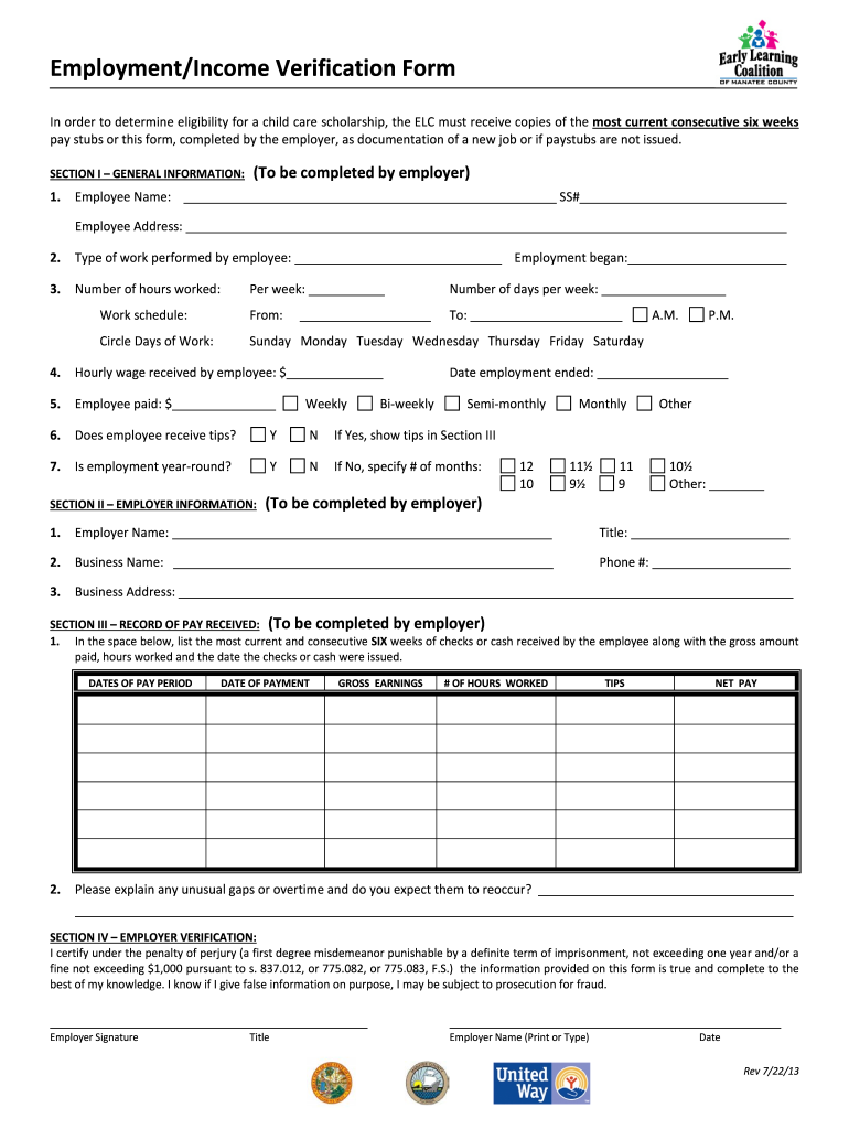  EmploymentIncome Verification Form ELC of Manatee County 2013