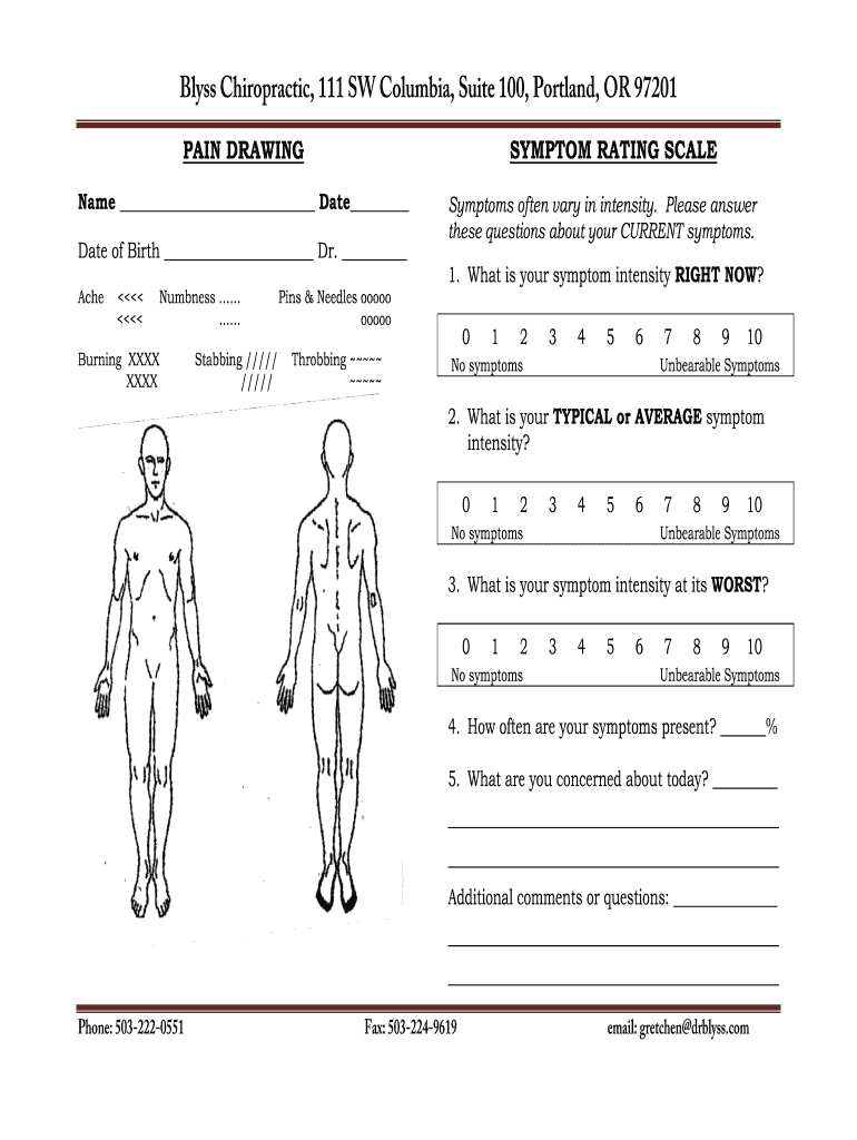 PAIN DRAWING SYMPTOM RATING SCALE  Blyss Chiropractic  Form