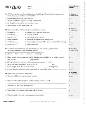 Unit5 a Quiz Name Teacher Scoring Section Date Listen to Alan and Debbie Talk About Shoplifting  Form