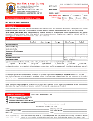 Student Academic and Discipline Appraisal Form San Beda