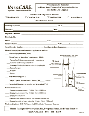 PrescriptionRx Form for InHome VasoPneumatic Compression Device and JuxtaLite Leggings Pneumatic Compression Devices CircuFlow 5