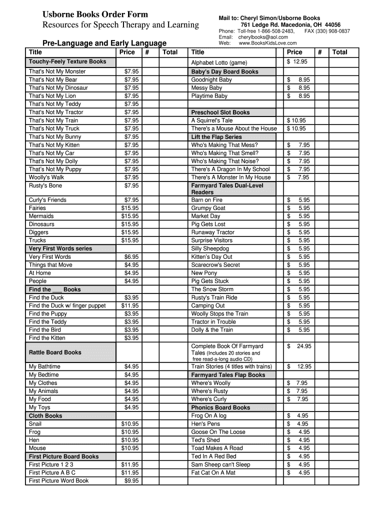 Customizable Usborne Book Order Form