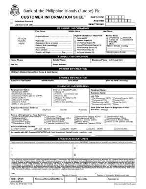 Bpi Customer Information Sheet