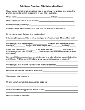 Preschool Child Information Sheet