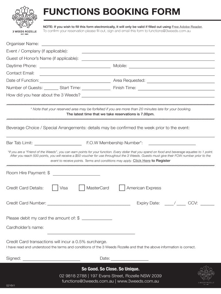 FUNCTIONS BOOKING FORM 3 Weeds