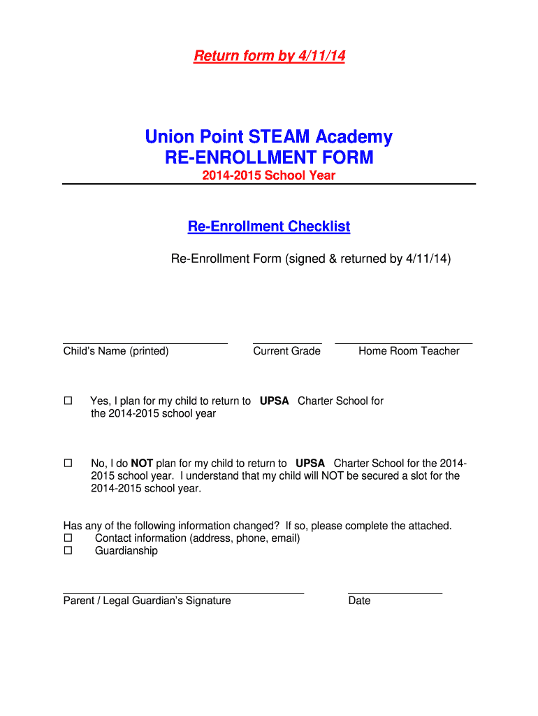 Get and Sign Union Point STEAM Academy RE ENROLLMENT FORM  Upes Greene Schooldesk 2014-2022