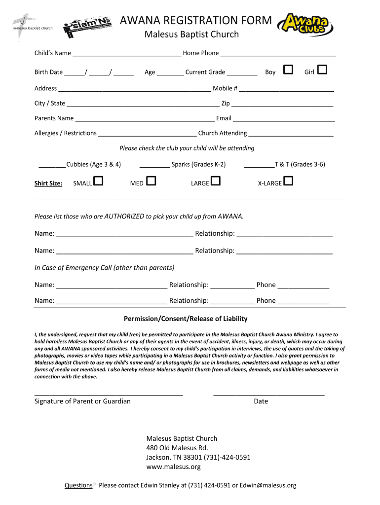 Awana Registration Form Printable
