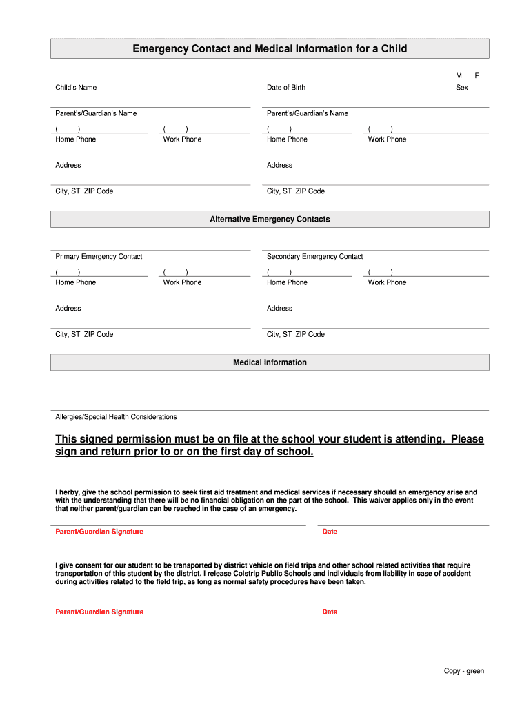 Emergency Contact and Medical Information for a Child M Childs Name Date of Birth ParentsGuardians Name F ParentsGuardians Name 