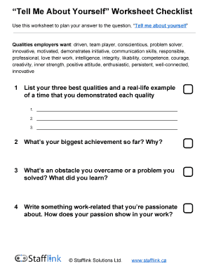 Tell Me About Yourself Worksheet Checklist Stafflink Solutions  Form