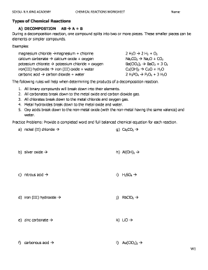 Types of Chemical Reaction Worksheet Answer Key  Form