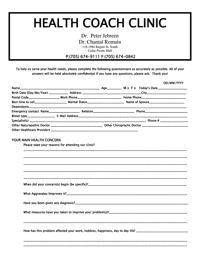 Adult Intake Form Health Coach Naturopathic Health Centre