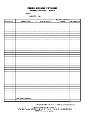 Medical Expenses Worksheet  Form