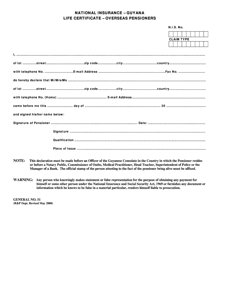 Life Certificate Form for Pensioners Guyana