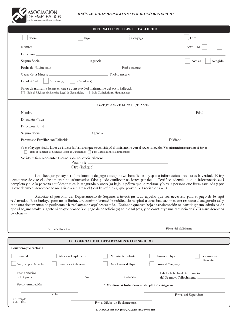 AEELA 128 8 Rev Reclamacin De Pagos De Seguro Y Beneficios AEELA 128 8 Rev Reclamacin De Pagos De Seguro Y Beneficios  Form
