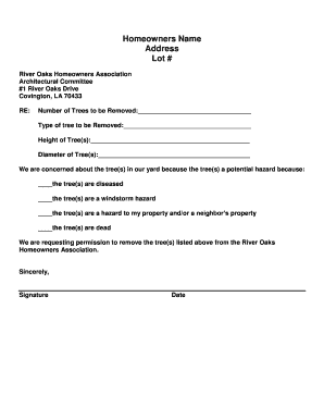 Sample Letter to Hoa for Tree Removal  Form