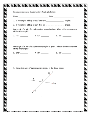 Complementary and Supplementary Angle Worksheet Answer Key  Form