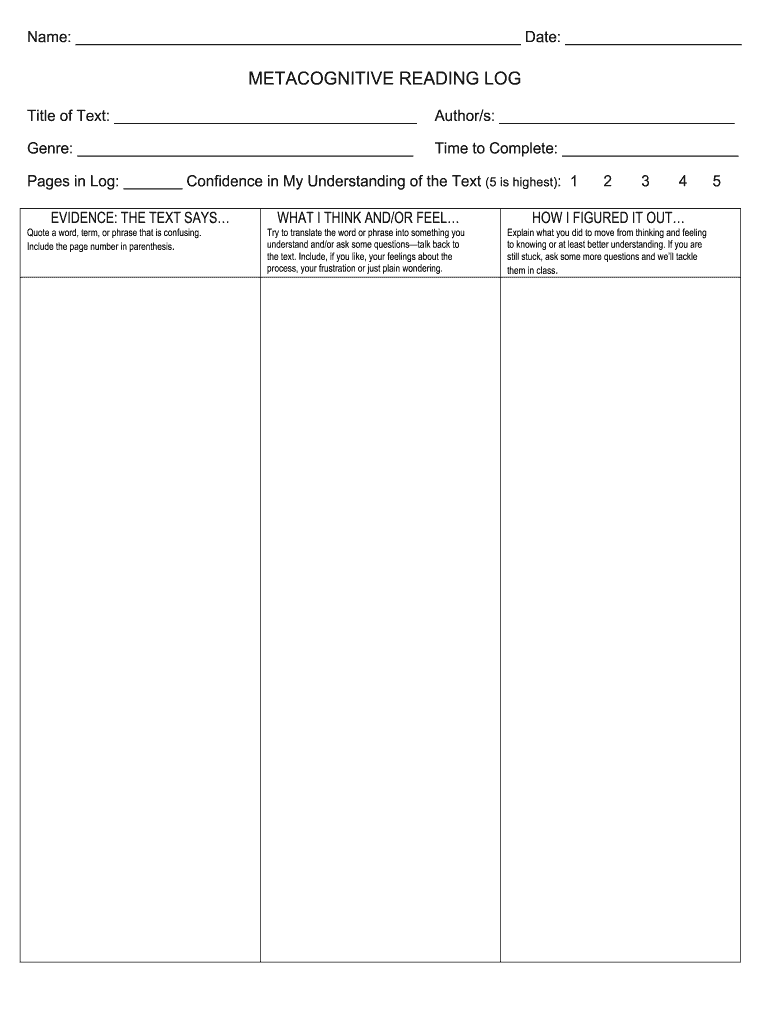 Metacognitive Reading Log  Form