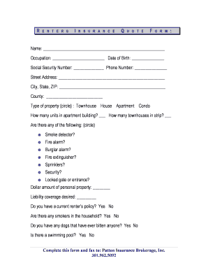 Renters Insurance Quote Sheet  Form