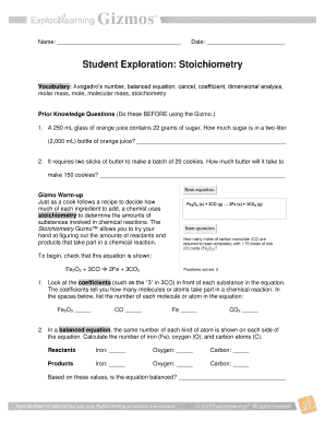 Student Exploration Stoichiometry  Form