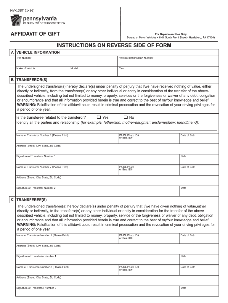  Need Affidavit of Gift Form Mv 13st 2016