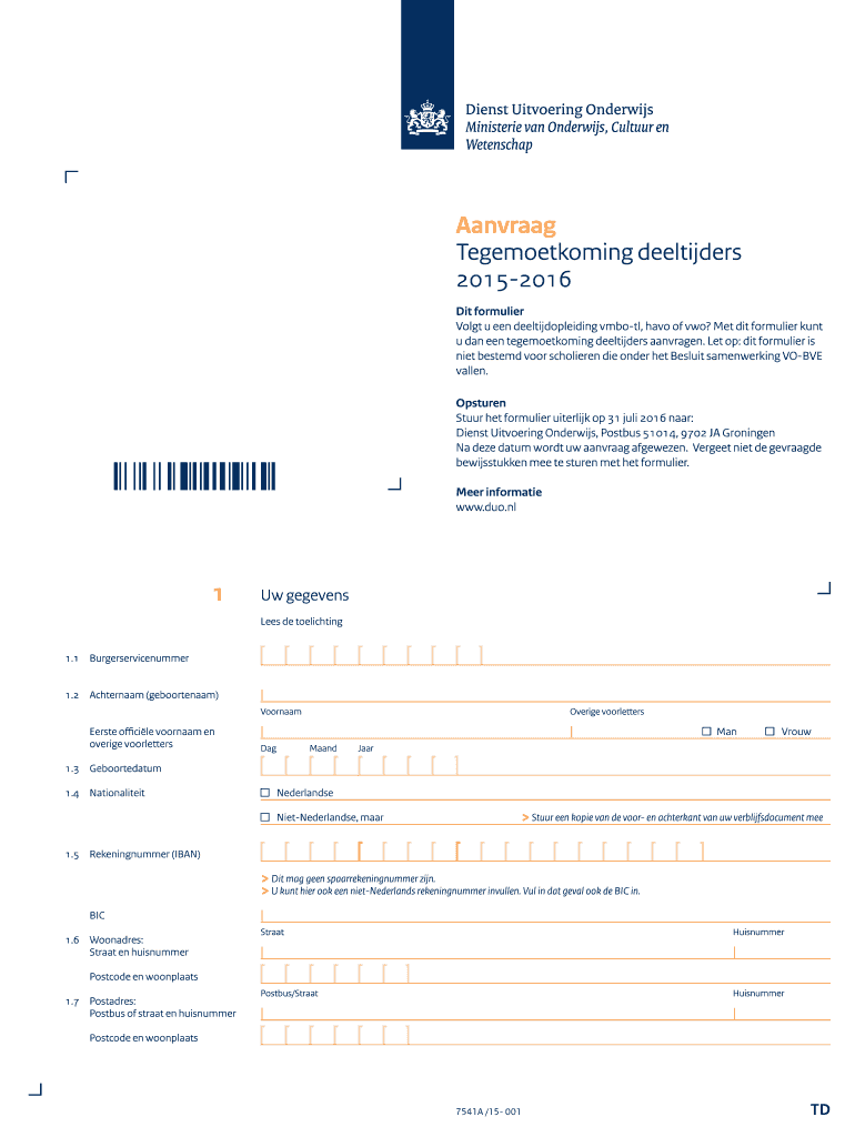 Get and Sign Aanvraag Tegemoetkoming Deeltijders  144Kb, PDF  DUO 2015-2022 Form