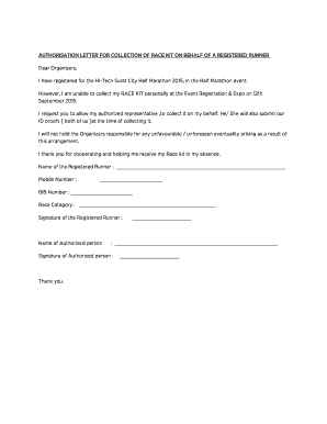 AUTHORISATION LETTER for COLLECTION of RACE KIT on  Form
