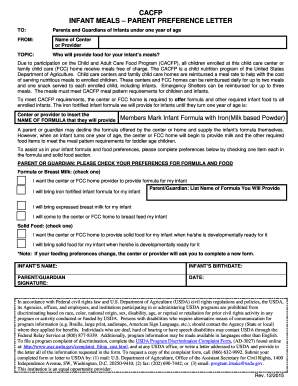 Cacfp Infant Meals Parent Preference Letter Kids Town Child  Form