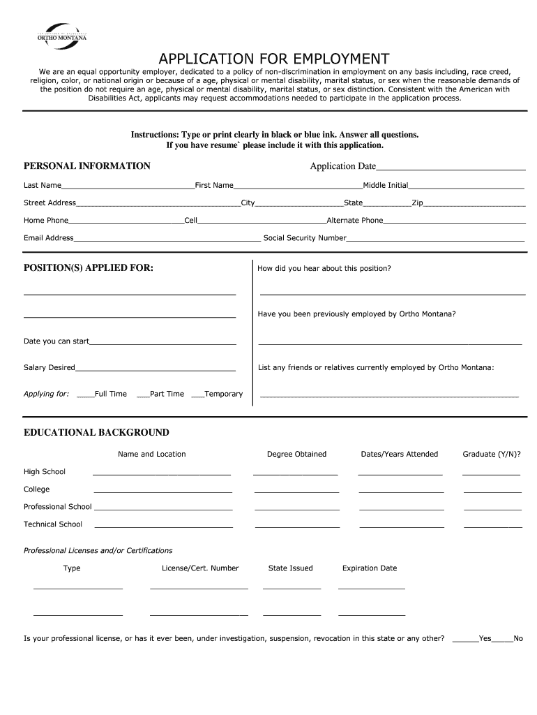 Employment Application Ortho Montana  Form