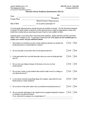 Physical Activity Readiness Questionnaire Par Q the Healing  Form