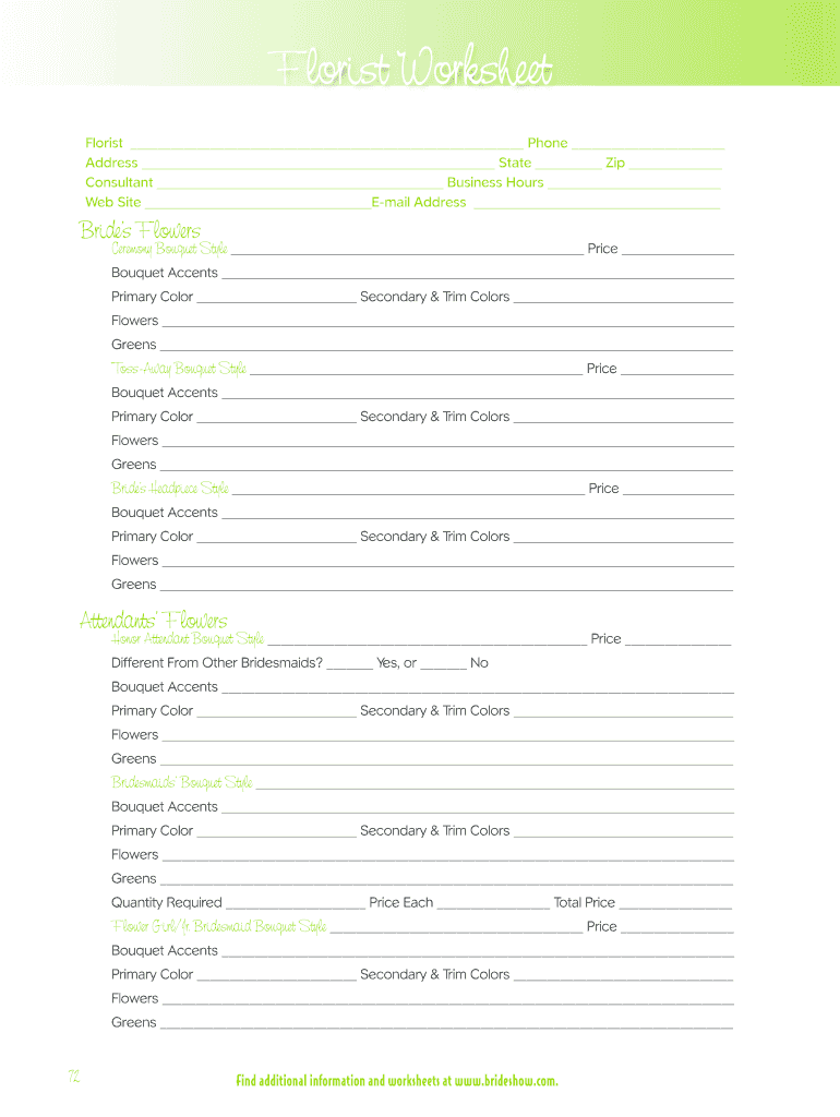 Florist Worksheet  Form