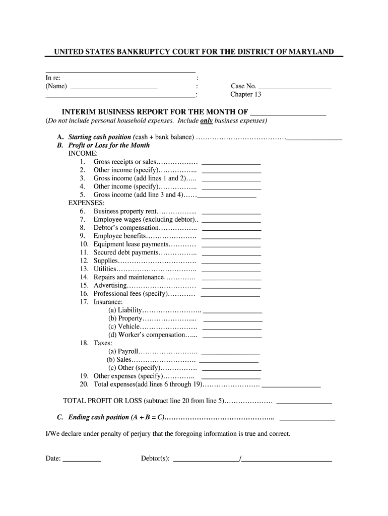 Interim Business Report Chapter 13 Bowie  Form