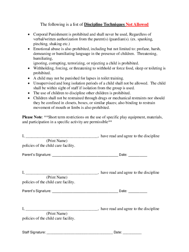 Discipline Policy Daycare Example  Form