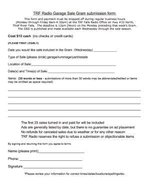  TRF Radio Garage Sale Gram Submission Form This Form and Payment Must Be Dropped off during Regular Business Hours Monday Throug 2015-2024