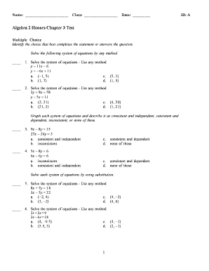 Algebra 2 Chapter 3 Test Answer Key  Form