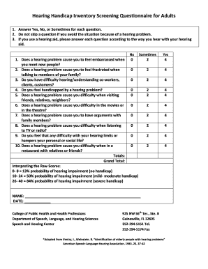 Hearing Handicap Inventory Screening Questionnaire for Adults 1 Phhp Audiology Clinics Sites Medinfo Ufl  Form