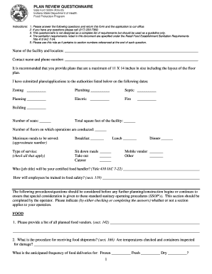  Reset Form PLAN REVIEW QUESTIONNAIRE State Form 50004 R3605 Indiana State Department of Health Food Protection Program Instructi 2024