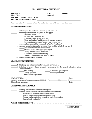 SLI STUTTERING CHECKLIST STUDENT DOB DATE TEACHER  Form