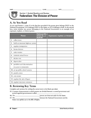 Federalism Division of Power Worksheet  Form