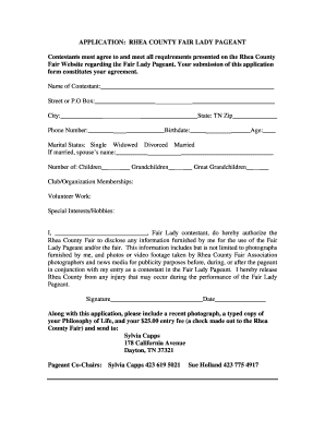 APPLICATION RHEA COUNTY FAIR LADY PAGEANT  Form