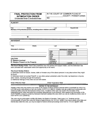 Final Protection from Intimidation Order Protection from Abuse Pfad Pa  Form