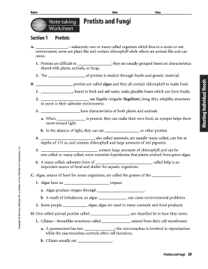 Protist and Fungi Worksheet Answer Key  Form