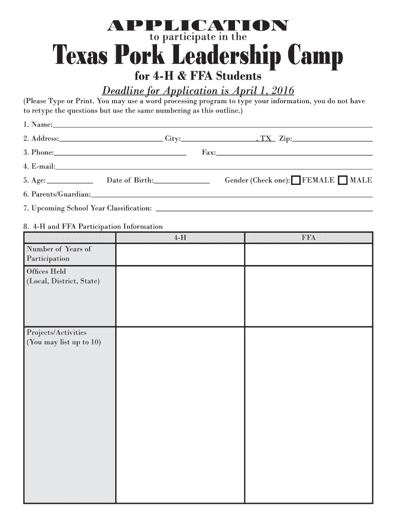  Texas Pork Leadership Camp June 2025, Sponsored by Texas Pork Producers Association Texas Pork Leadership Camp is an Intense, Pr 2016