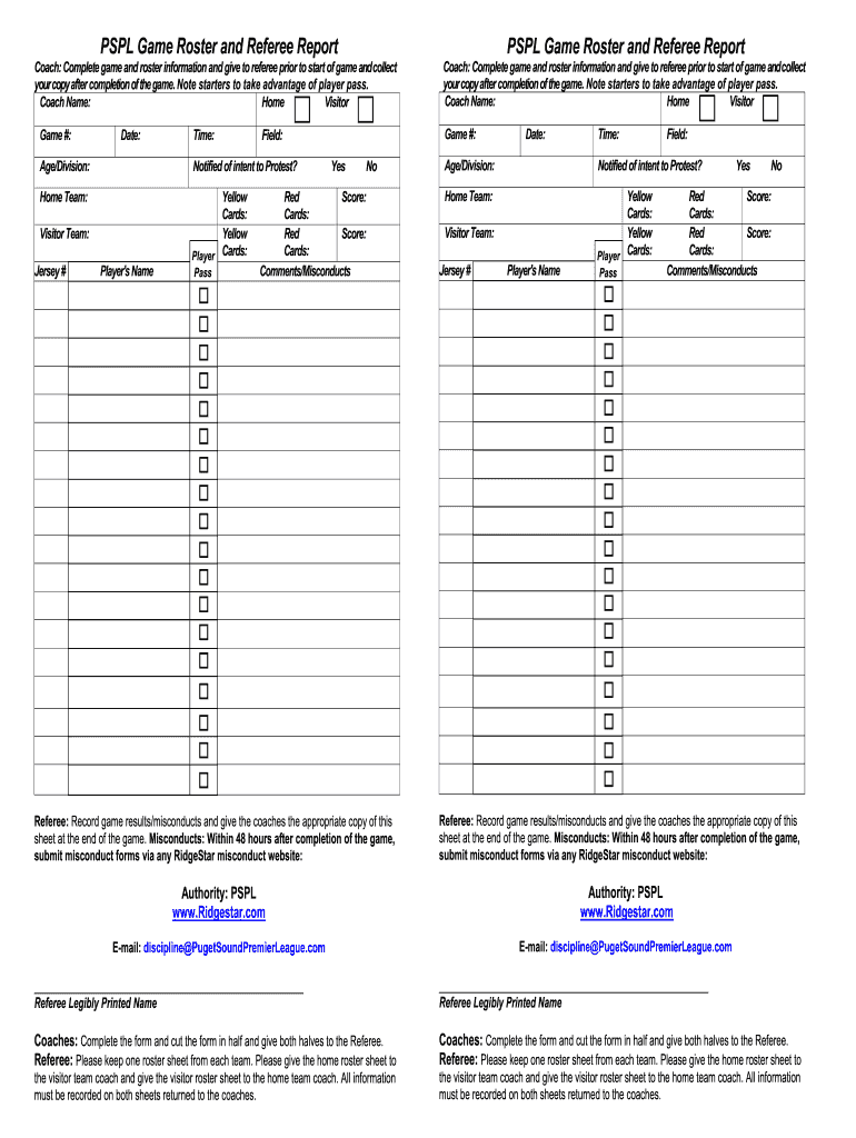 Pspl Game Day Roster  Form