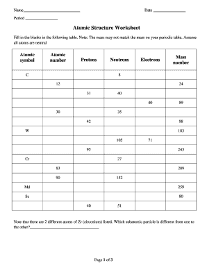 Atomic Structure Worksheet  Form