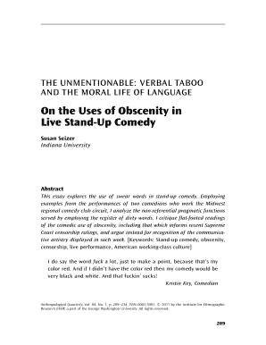 On the Uses of Obscenity in Live Stand Up Comedy Susan Seizer  Form