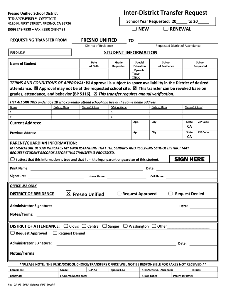 Fusd Interdistrict Transfer Form