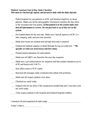 Medical Assistant Daily Checklist  Form