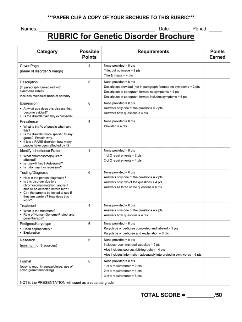 RUBRIC for Genetic Disorder Brochure Mr Doc&#39;s Online Lab  Form