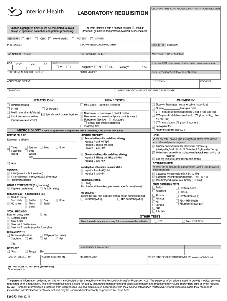 Get and Sign Laboratory Requisition Interior Health Authority 2011-2022 Form