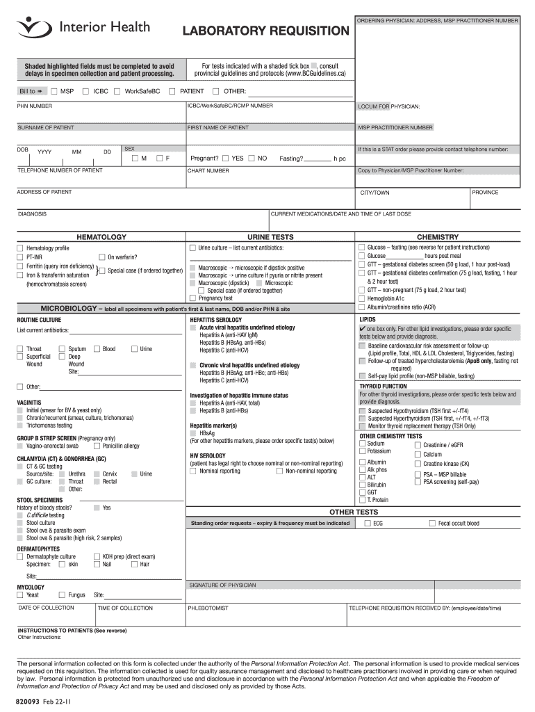  Laboratory Requisition Interior Health Authority 2011